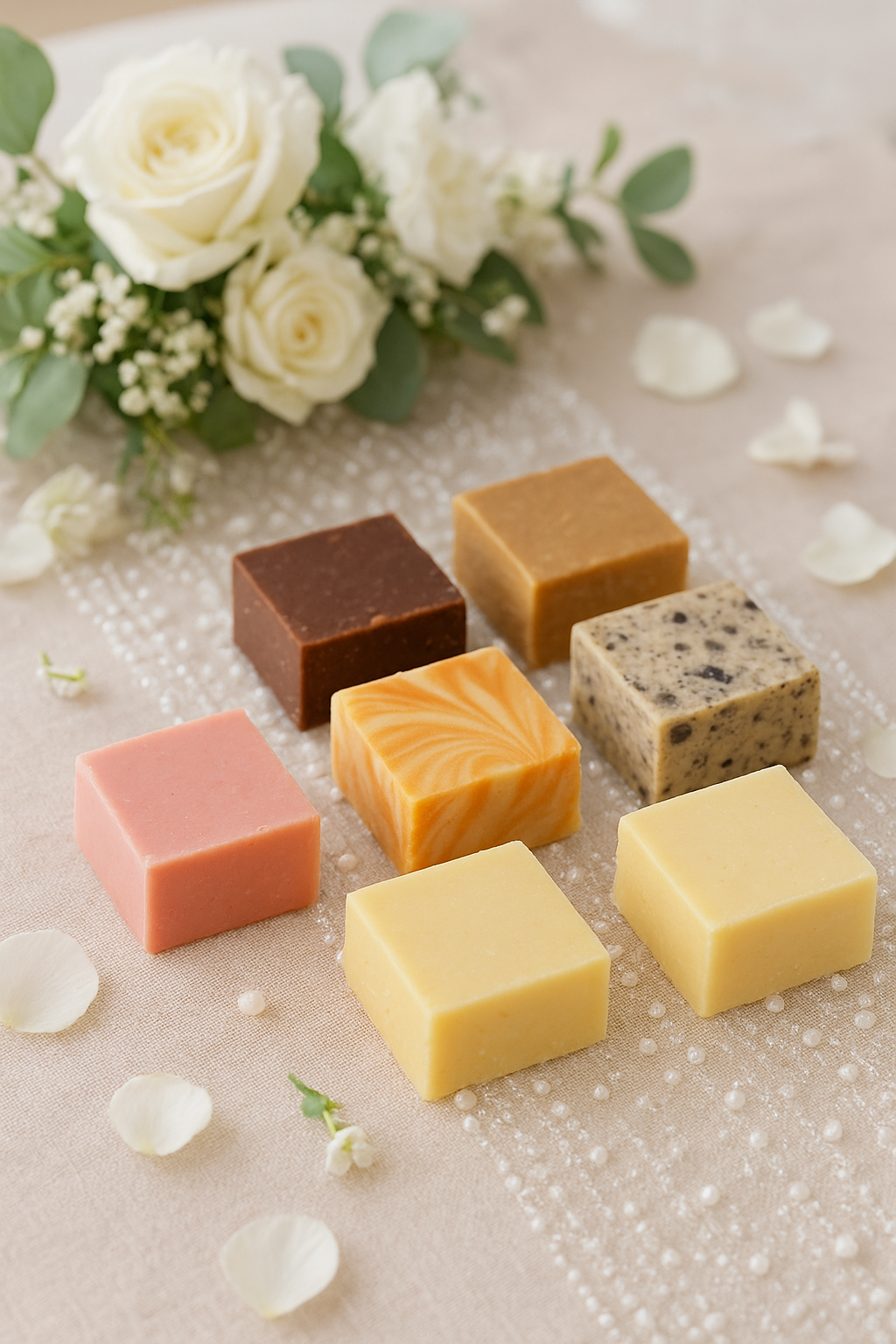 Assorted bars of fudge on a textured surface with flowers and petals.