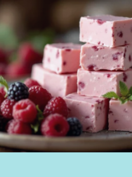 Pink berry fudge with raspberries and blackberries on a plate