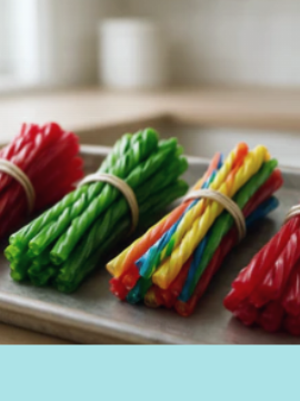 Colorful sticks tied in bunches on a wooden tray with a blurred background