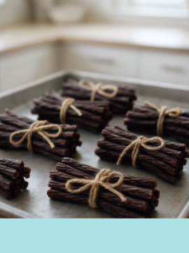 Bundles of vanilla beans tied with twine on a metal tray.