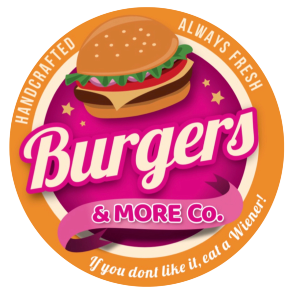 Logo for Burgers & More Co. with a burger illustration on a purple background.