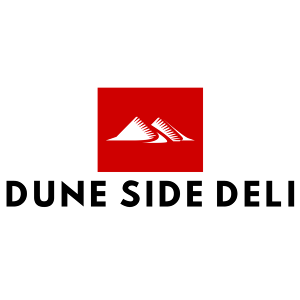 Logo of Dune Side Deli with a red square and mountain graphic on a white background