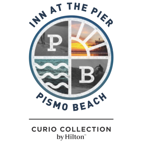 Logo of Inn at the Pier Pismo Beach, Curio Collection by Hilton with scenic images and text.