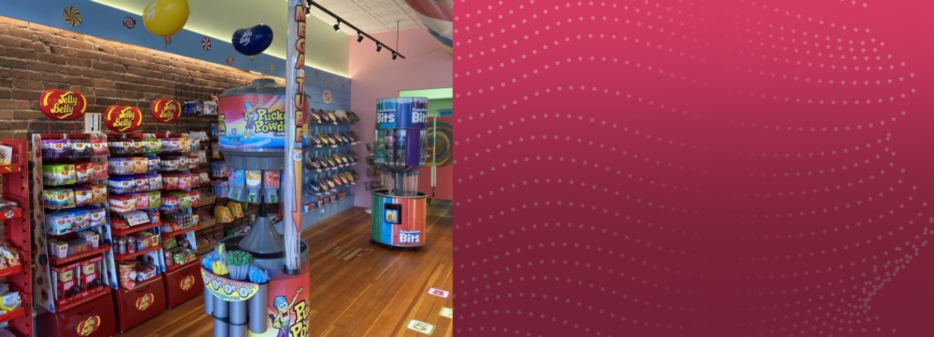 Candy store interior with shelves stocked with various candies and a close-up of a textured pink surface.
