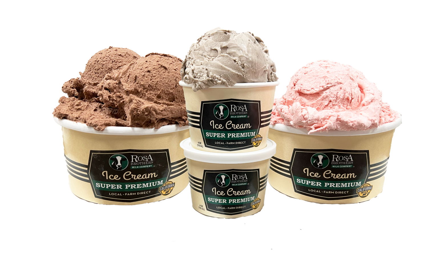Four containers of Rosa Ice Cream in different flavors on a white background